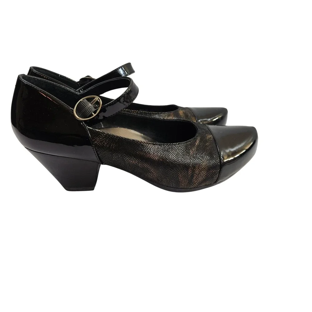 Dansko 38 Bonnie Mary Jane Heels Black Patent Leather Metallic Animal Print  7.5